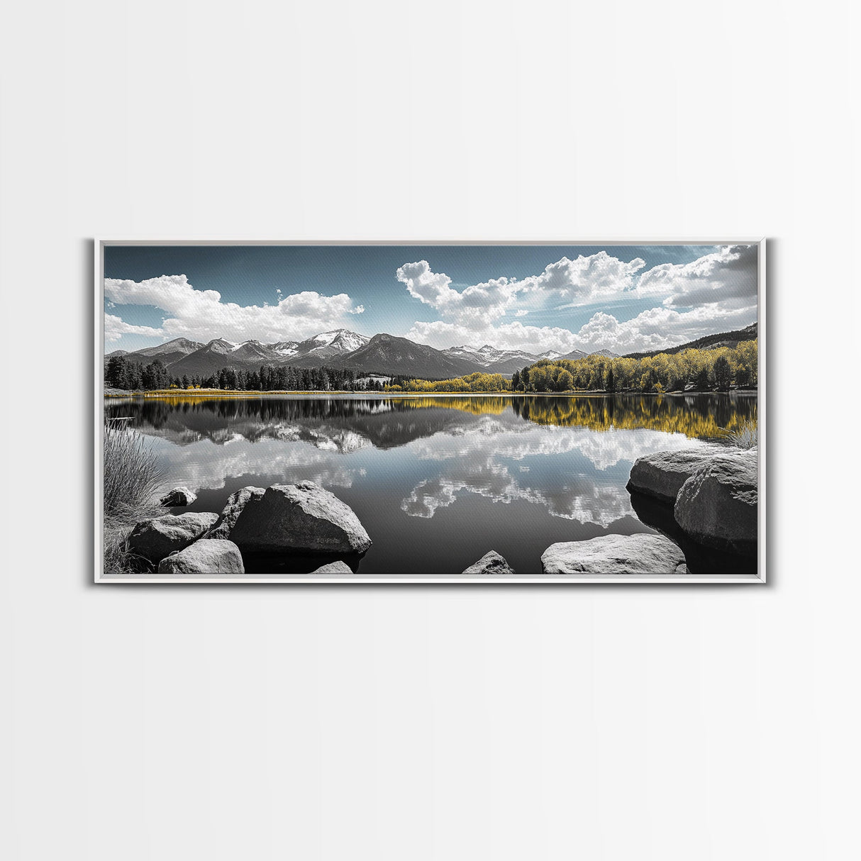 Majestic Lake Reflection Canvas Print Landscape Painting Mountain Painting Nature Wall Art Bedroom Art Extra Wide Panoramic Art