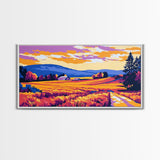Mountain Landscape Art, pink orange wall art, sunset painting, extra wide art, panoramic art, landscape painting, canvas print