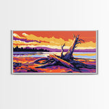 Driftwood Beach Scene, coastal landscape art, nautical painting, rustic wall art, ocean sunset art, panoramic art, framed canvas print