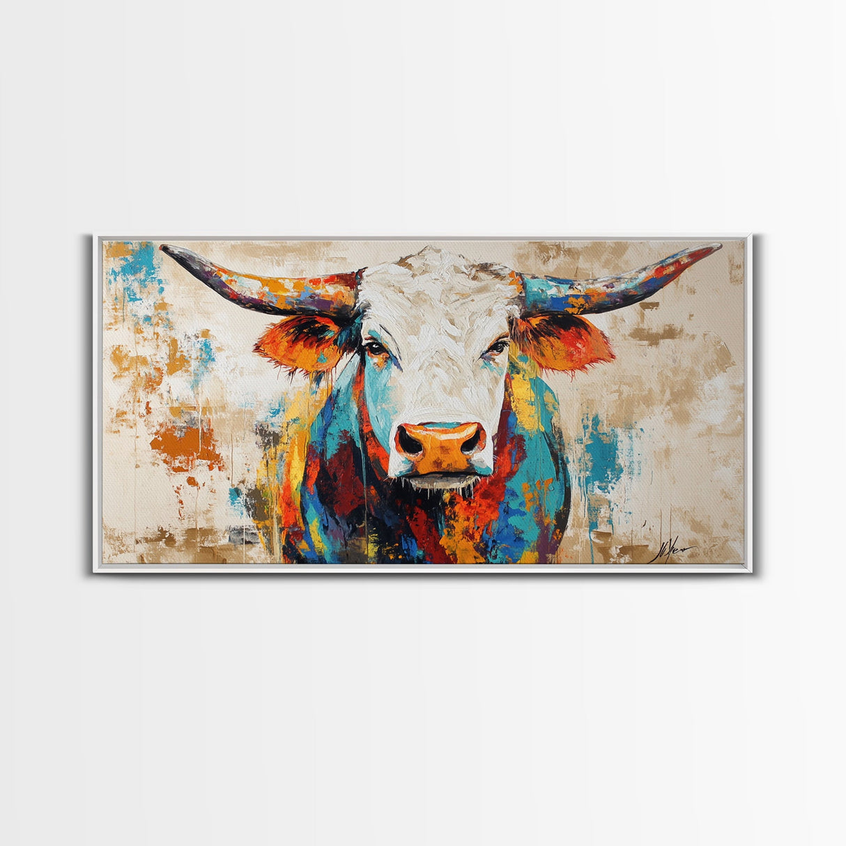 Vibrant Bull Art, rustic decor, extra wide art, farmhouse art, bold color wall art, southwestern painting, framed canvas print, modern rustic art
