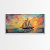 Sailboat at Sunset, nautical painting, coastal decor, seascape painting, beach house art, extra wide art, oil painting, canvas print