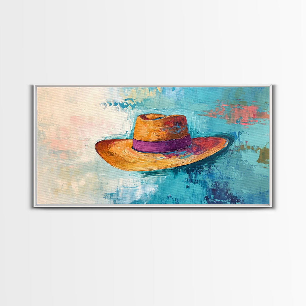 Western Hat, Boho Art, Rustic Wall Art, Southwest Art, Moody Painting, Extra Wide Art, Minimalist Art, Framed Canvas Print