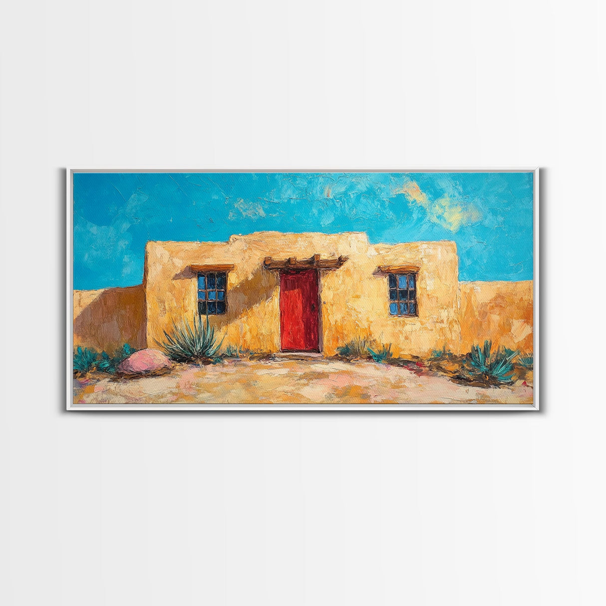 Pueblo Village, Moon Oil Painting, Southwest Wall Art, Rustic Landscape, Moody Art, Extra Wide Art, Desert Scene, Framed Canvas Print