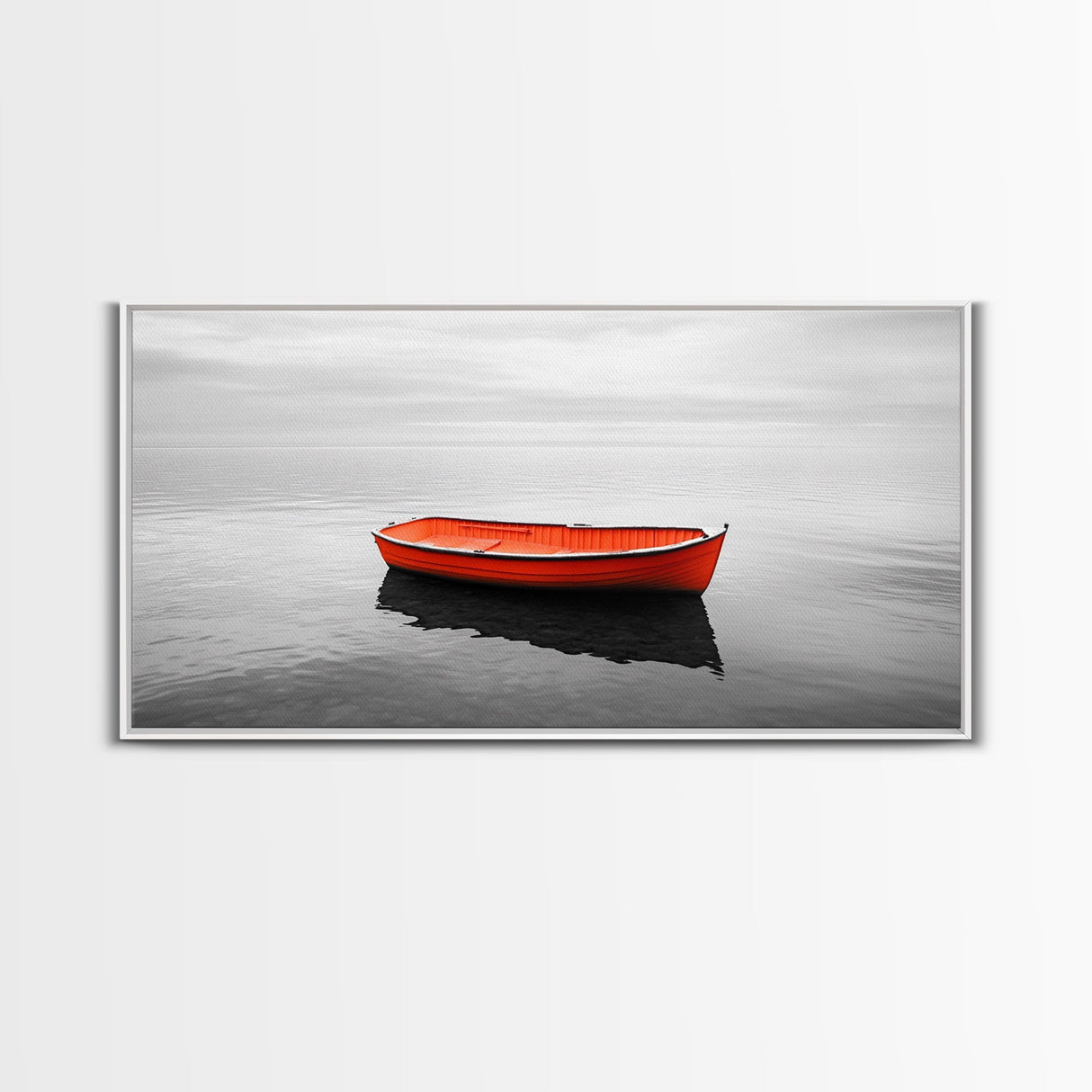 Lone Red Boat, coastal wall art, seascape painting, nautical decor, minimalist art, black and white photography, above couch art, Framed Canvas Print
