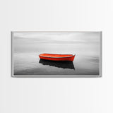 Lone Red Boat, coastal wall art, seascape painting, nautical decor, minimalist art, black and white photography, above couch art, Framed Canvas Print