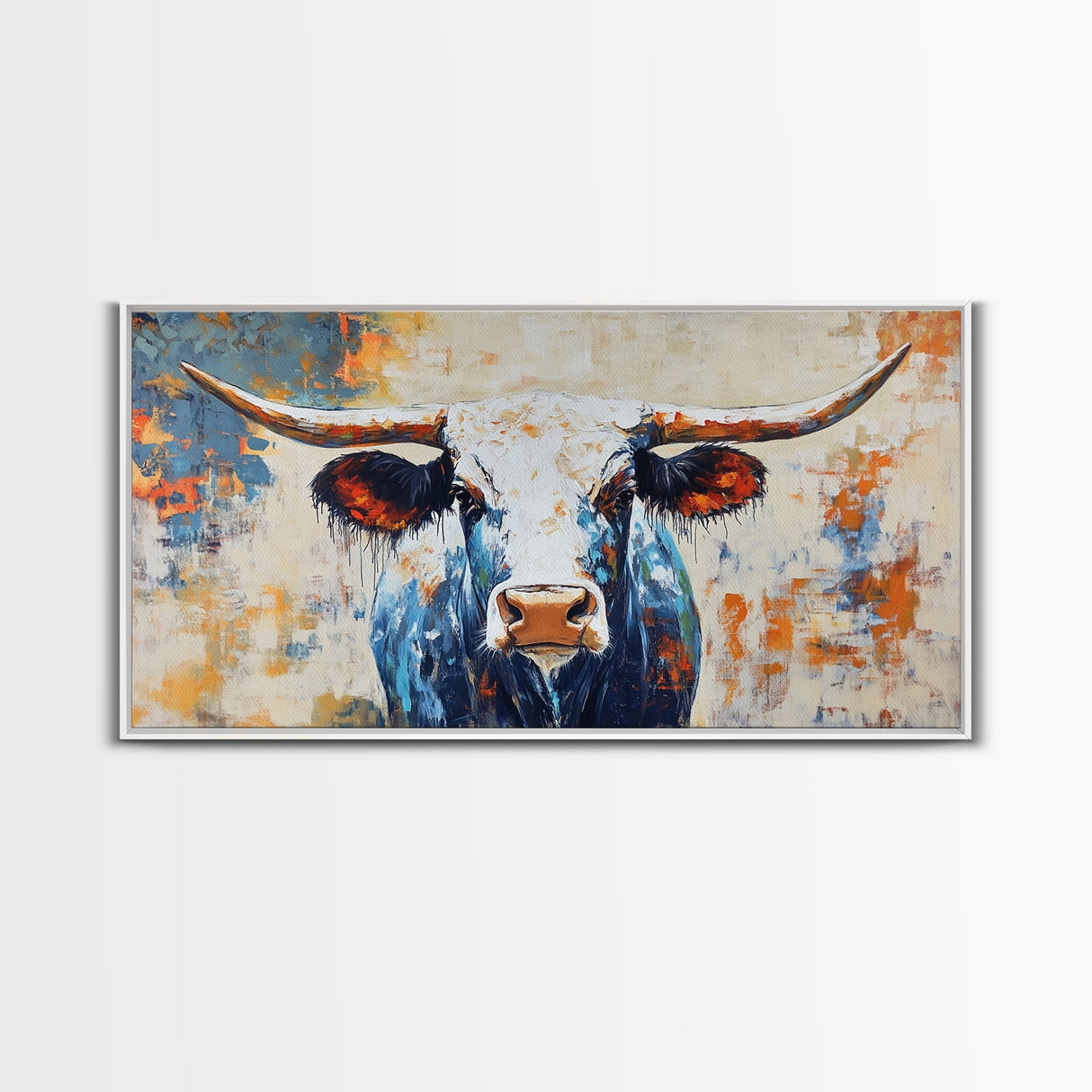 Longhorn Painting, Framed Canvas Print, Rustic Wall Art, Southwest Wall Art, Farmhouse Art, Extra Wide Art, Above Couch Art, Moody Art