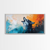 Howling Wolf Art, Framed Canvas Print, Southwest Wall Art, Moody Art, Rustic Decor, Extra Wide Art, Above Couch Art, Wildlife Painting