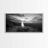 Bonfire on Beach, coastal decor, nautical painting, rustic art, beach sunset print, seascape painting, landscape painting, Framed Canvas Print