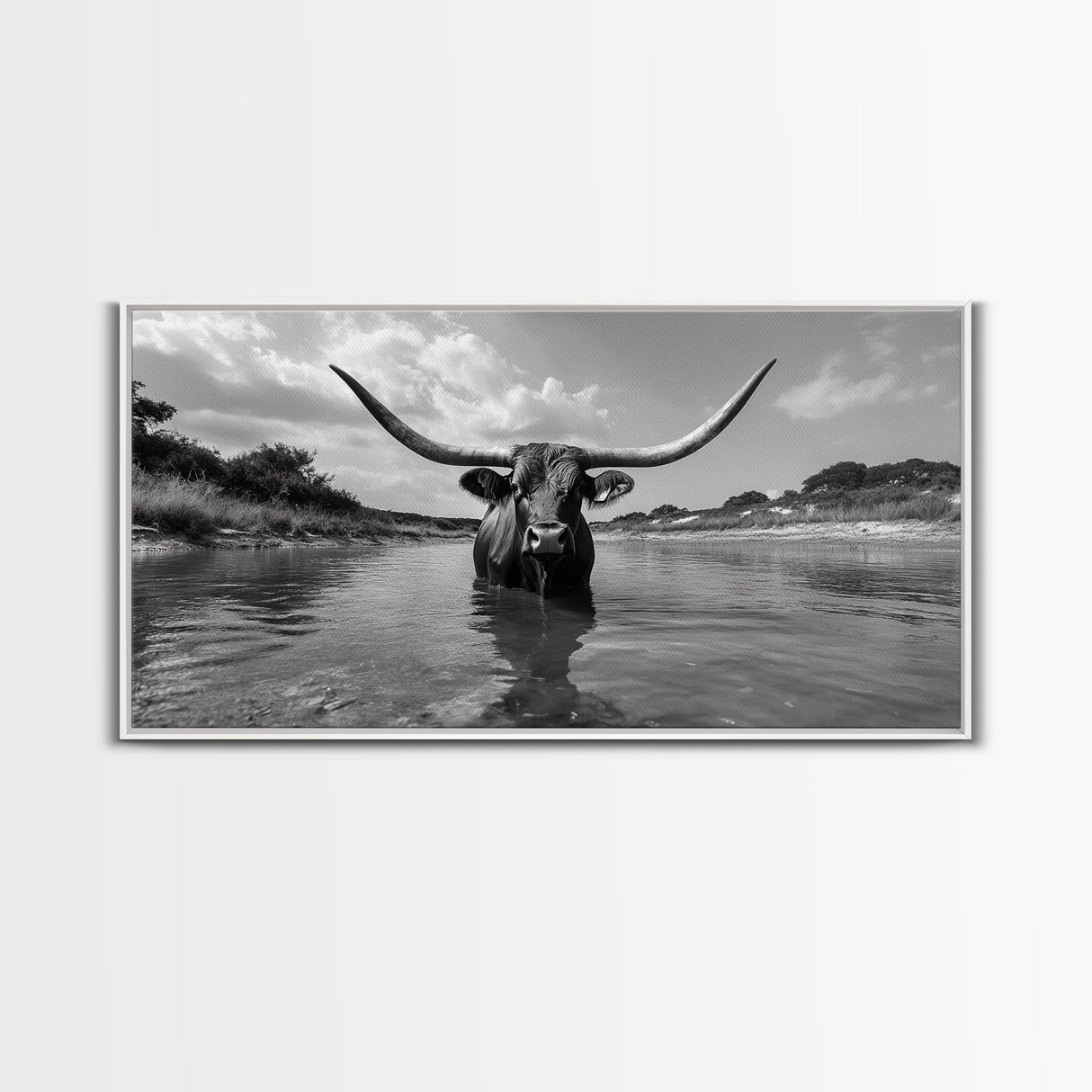 Longhorn in Water, rustic art, western decor, bull and bear art, cowboy wall art, farmhouse art, panoramic art, Framed Canvas Print