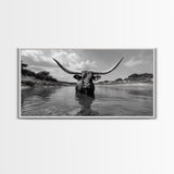 Longhorn in Water, rustic art, western decor, bull and bear art, cowboy wall art, farmhouse art, panoramic art, Framed Canvas Print