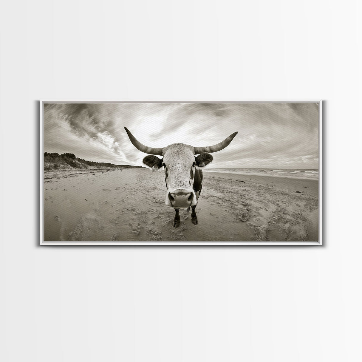 Longhorn, beach, western decor, rustic art, farmhouse art, extra wide art, above sofa art, panoramic painting, framed canvas print
