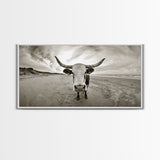 Longhorn, beach, western decor, rustic art, farmhouse art, extra wide art, above sofa art, panoramic painting, framed canvas print