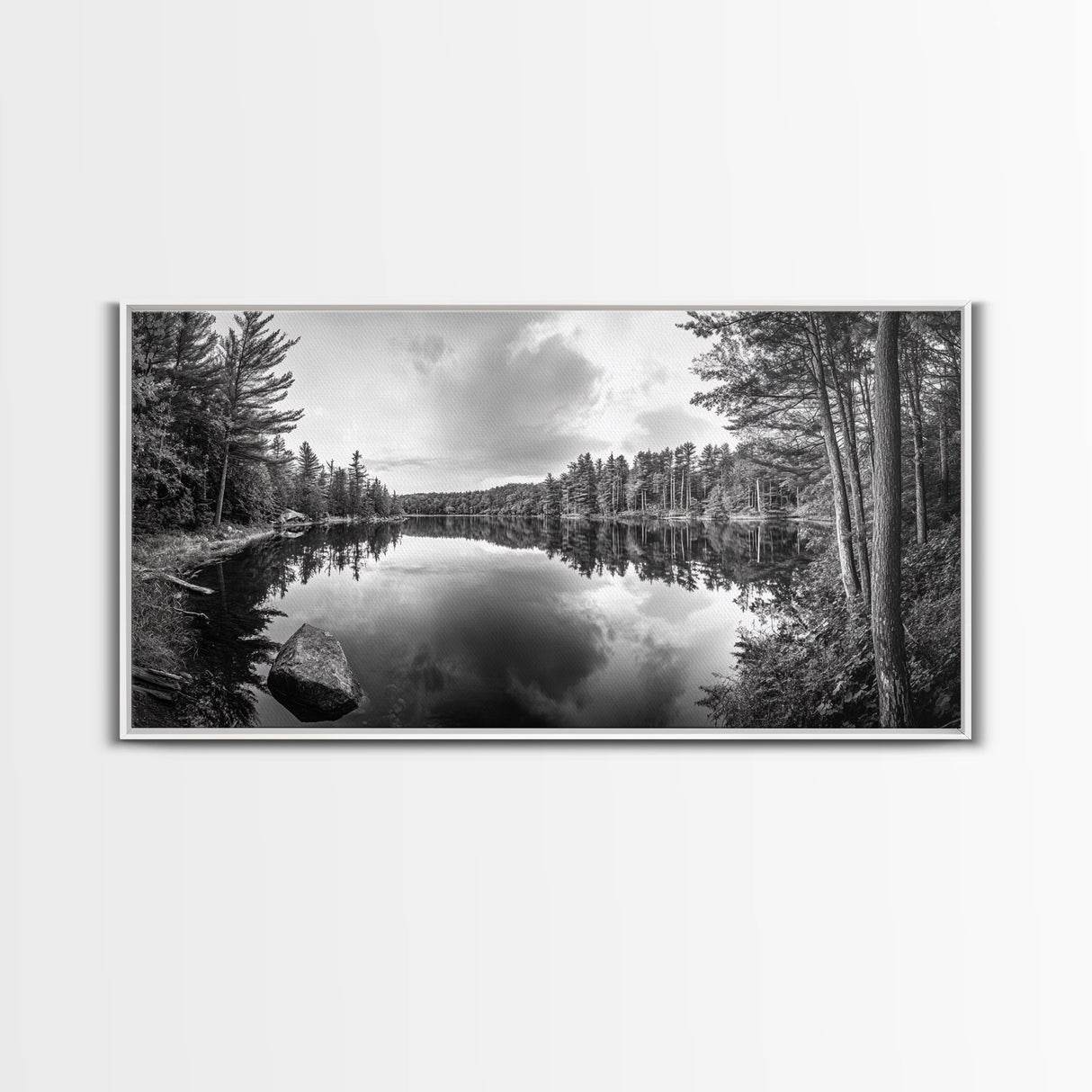 Lake reflection, pine tree art, landscape painting, wabi sabi art, rustic decor, panoramic painting, extra wide art, framed canvas print