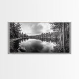 Lake reflection, pine tree art, landscape painting, wabi sabi art, rustic decor, panoramic painting, extra wide art, framed canvas print
