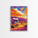 Southwest sunset, desert house, Joshua tree art, pink orange wall art, rustic wall art, boho art, framed canvas print, landscape painting