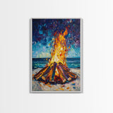 Beach Bonfire, coastal painting, moody art, seascape painting, coastal decor, nautical painting, original painting, framed canvas print