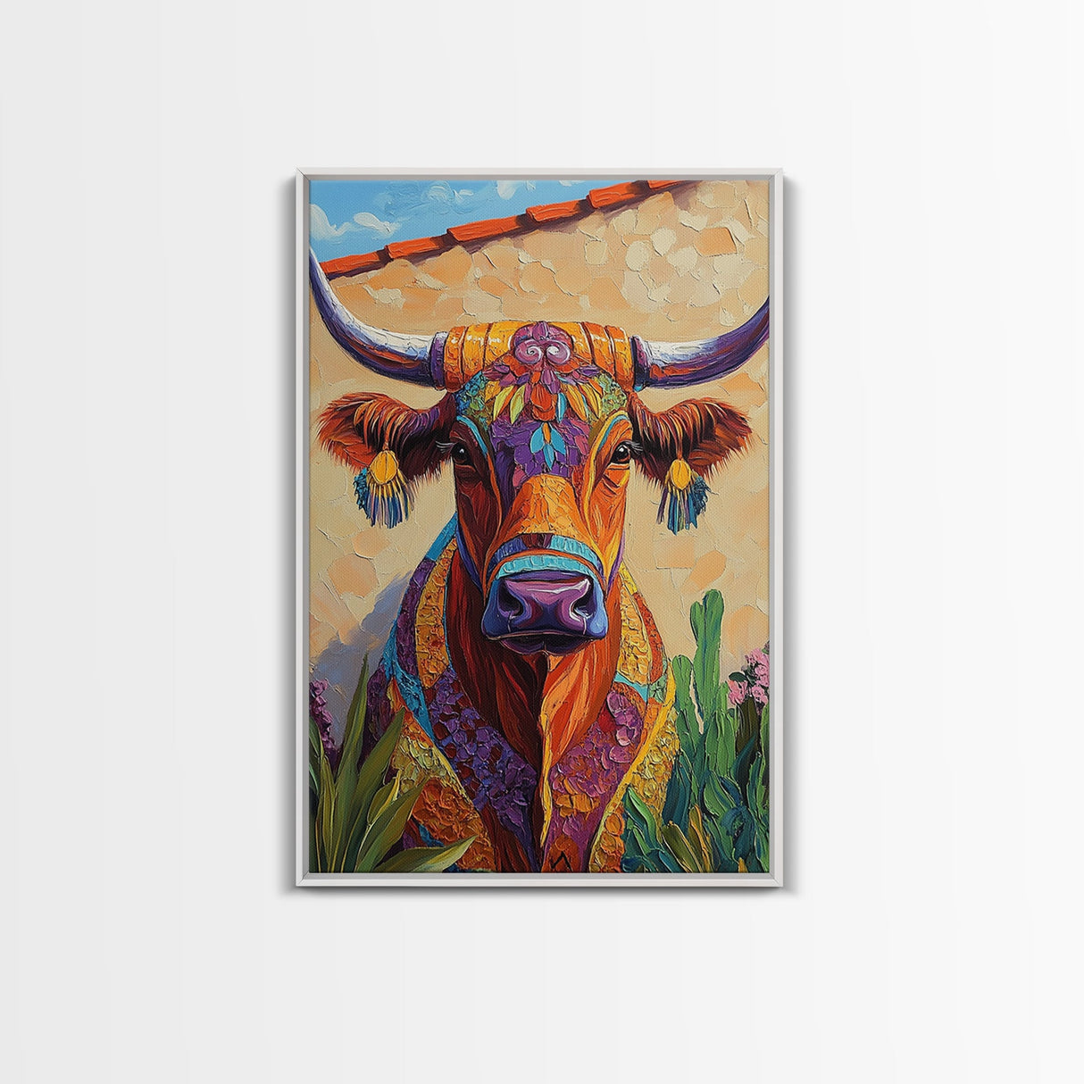 Colorful Bull, Mosaic Wall Art, Chicano Art, Southwest Wall Art, Canvas Print, Farmhouse Art, Rustic Decor, Gift Idea, Boho Art