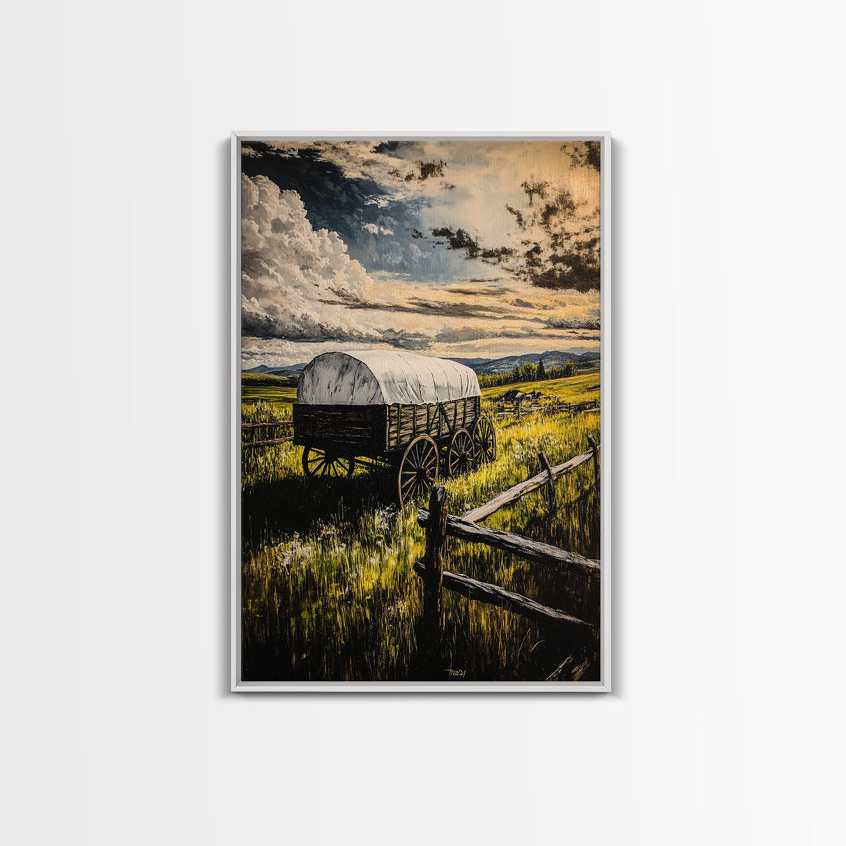 Prairie Wagon, Stormy Sky, Western Landscape, Framed Canvas Print, Rustic Wall Art, Barn Landscape Oil Painting, Farmhouse Art, Moody Art