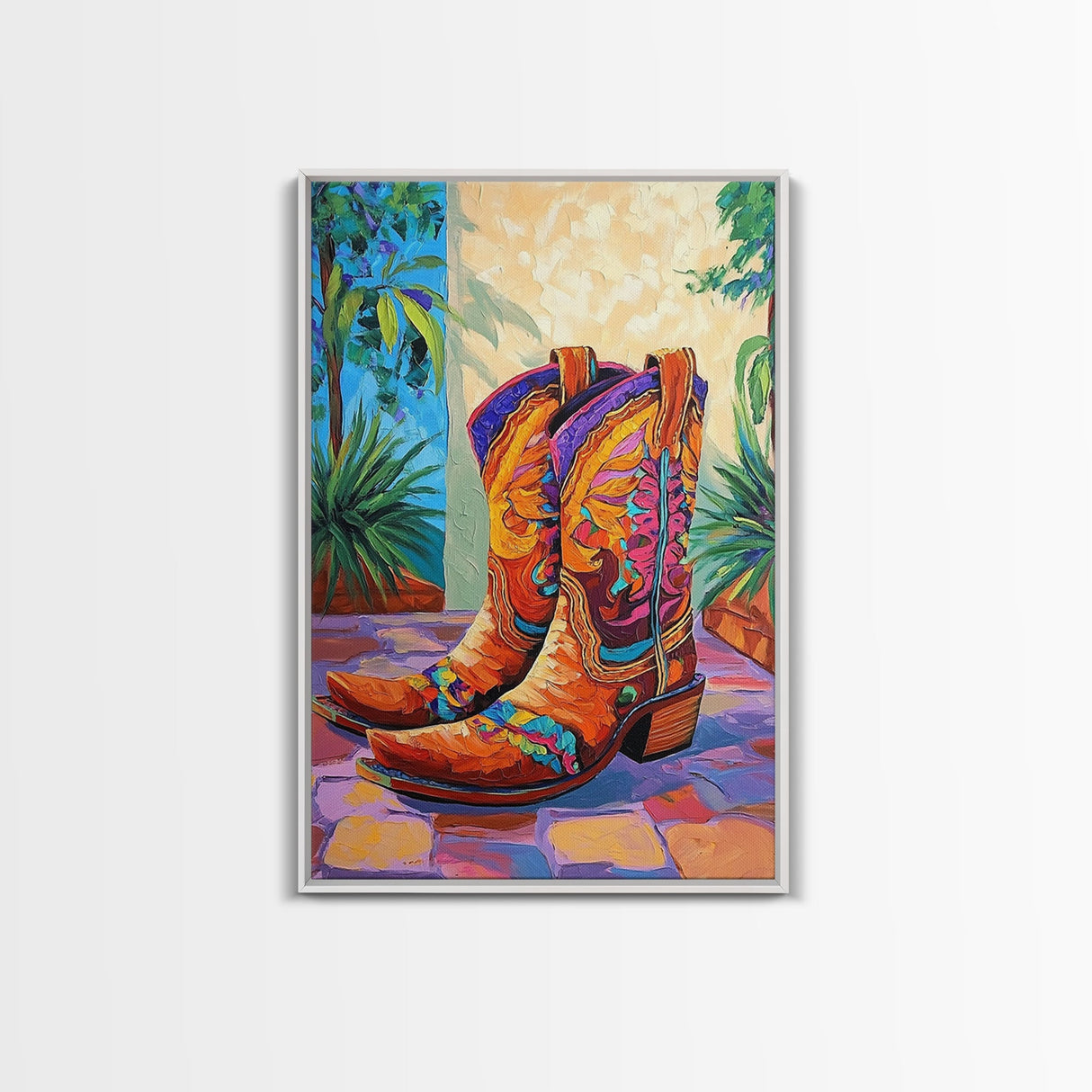 Painted Boots, coastal cowgirl wall art, vibrant rustic decor, colorful western art, cowboy art, southwest wall art, framed canvas print, gift idea
