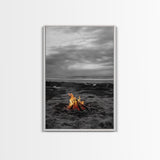 Beach bonfire, coastal art, ocean sunset, framed canvas print, nautical decor, seascape painting, cozy fire, moody beach art, fall vibes