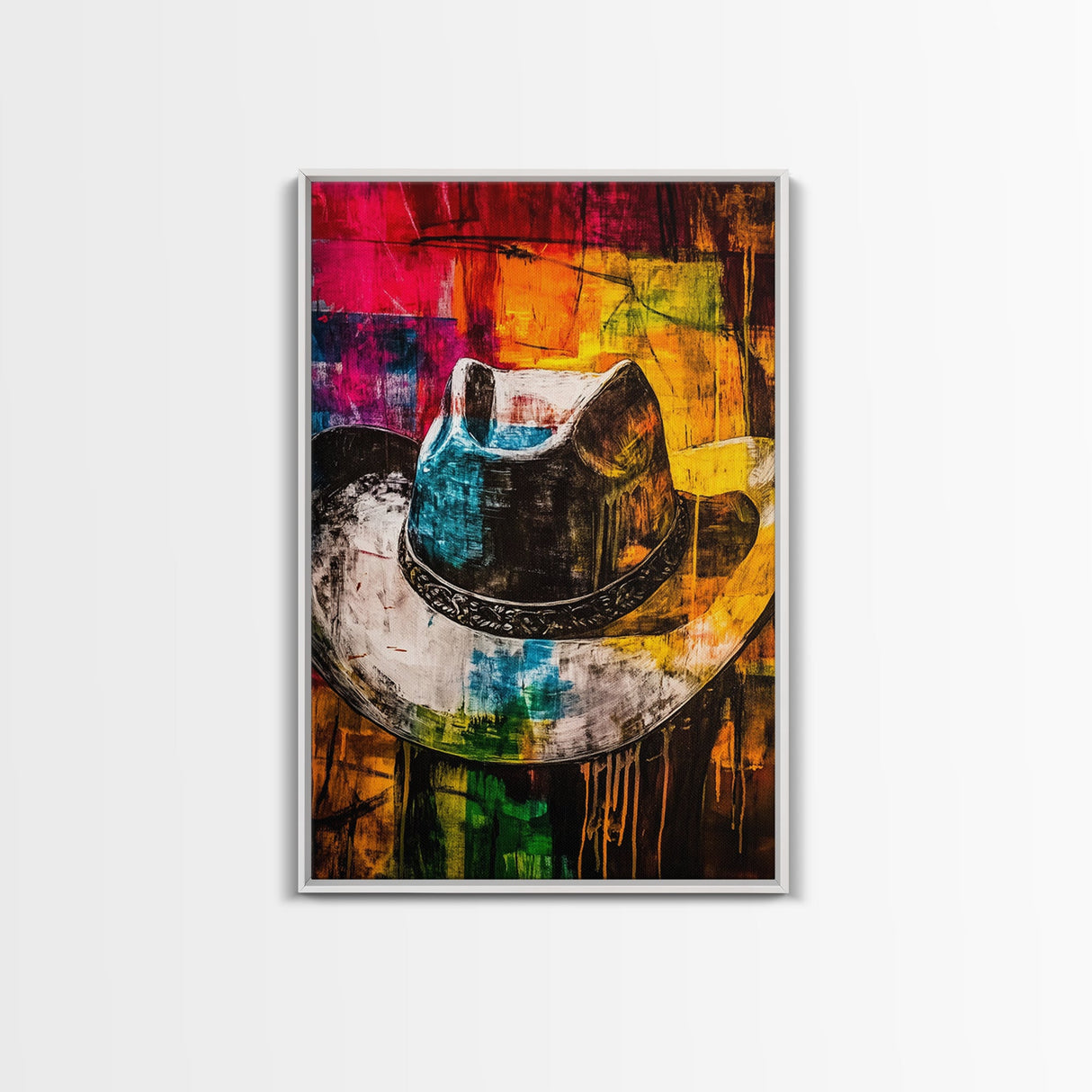 Western Cowboy Hat, rustic decor, graffiti wall art, vibrant color art, framed canvas print, southwest wall art, moody art