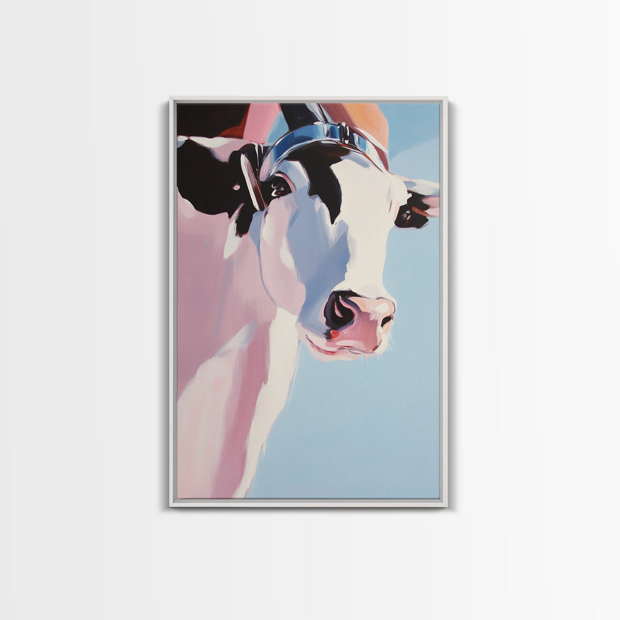 Cow with Hat, farmhouse art, black cowgirl painting, rustic decor, framed canvas print, whimsical art, light pink wall art