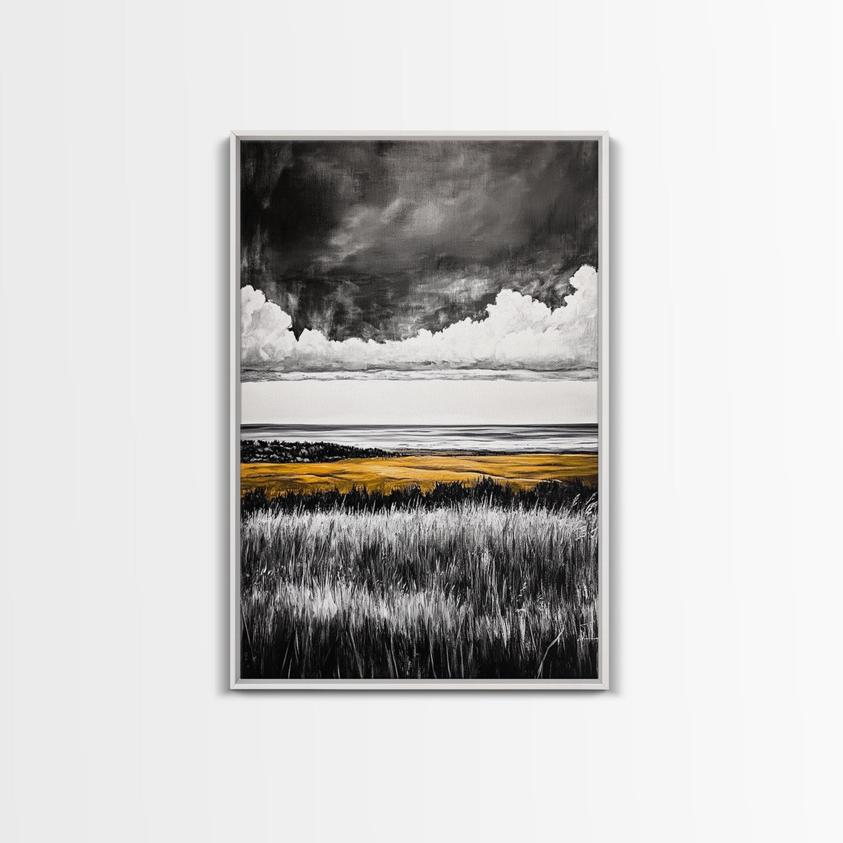 Moody Landscape, dramatic clouds, black and white, gold fields, panoramic art, rustic decor, framed canvas print, extra wide art