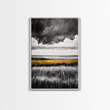 Moody Landscape, dramatic clouds, black and white, gold fields, panoramic art, rustic decor, framed canvas print, extra wide art