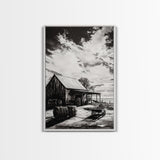 Vintage Barn, Rustic Landscape, Canvas Print, farmhouse art, rustic wall art, barn landscape oil painting, moody art, above couch art, wabi sabi art