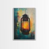Lantern Glow, moody art, rustic decor, farmhouse art, warm light painting, southwest wall art, wabi sabi art, Framed Canvas Print