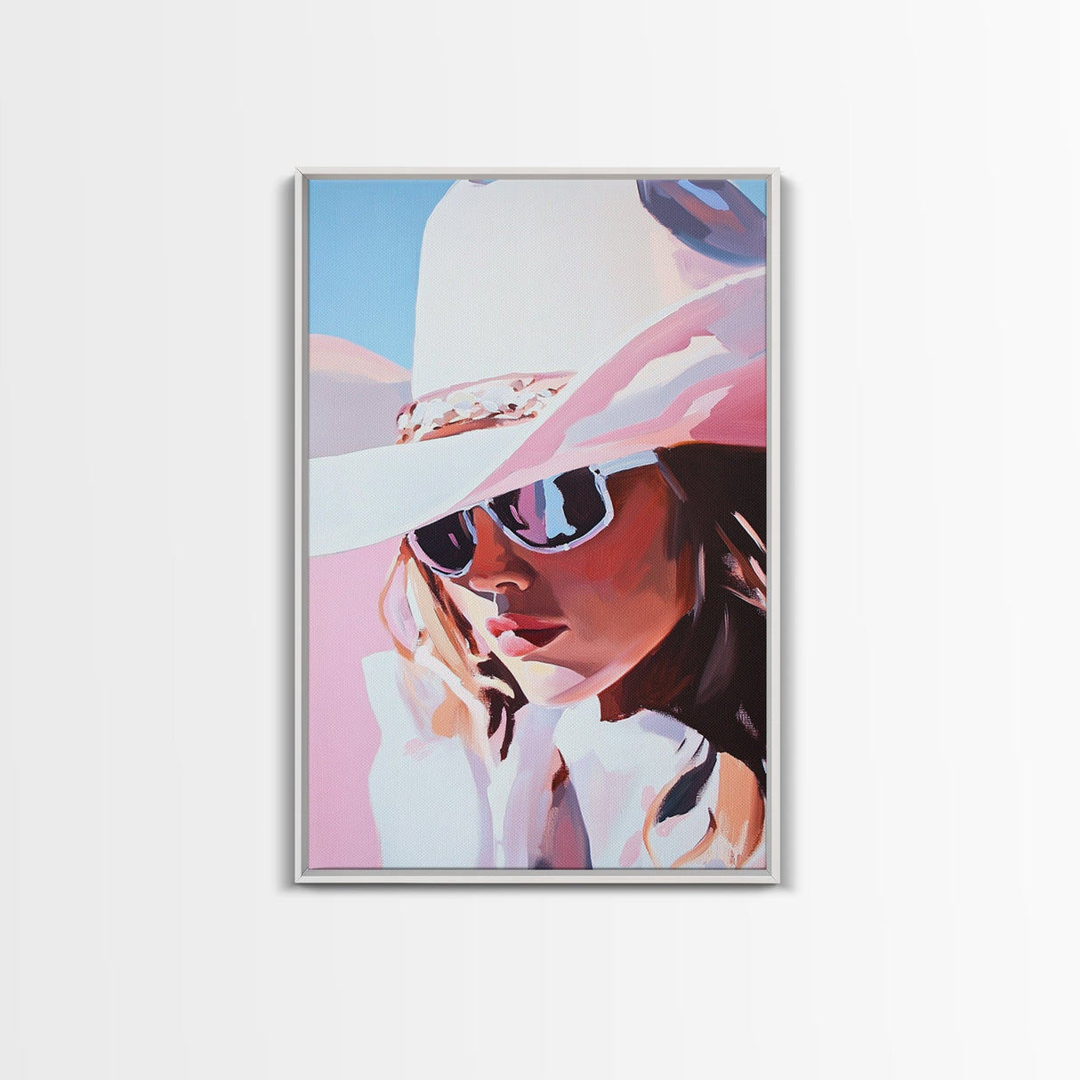 Pink Cowgirl Portrait, black cowgirl painting, western art, pink wall art for dorm, rustic decor, framed canvas print, gift idea for her