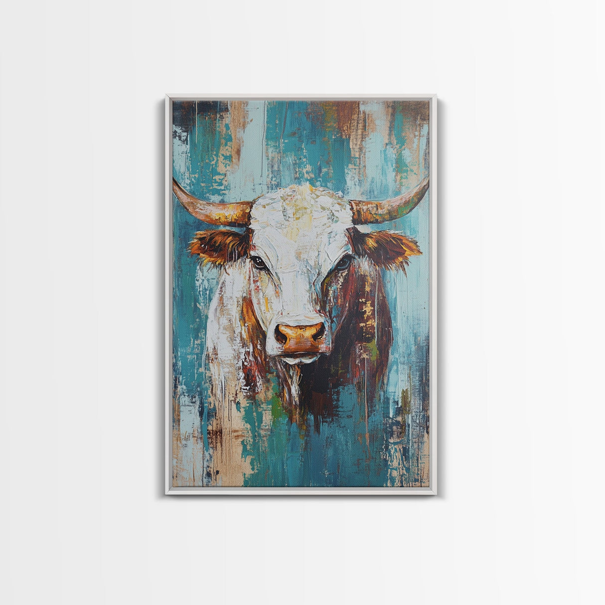 Rustic Cow Portrait, farmhouse art, rustic wall art, blue and green wall art, textured oil painting, canvas print, gift idea, wabi sabi art