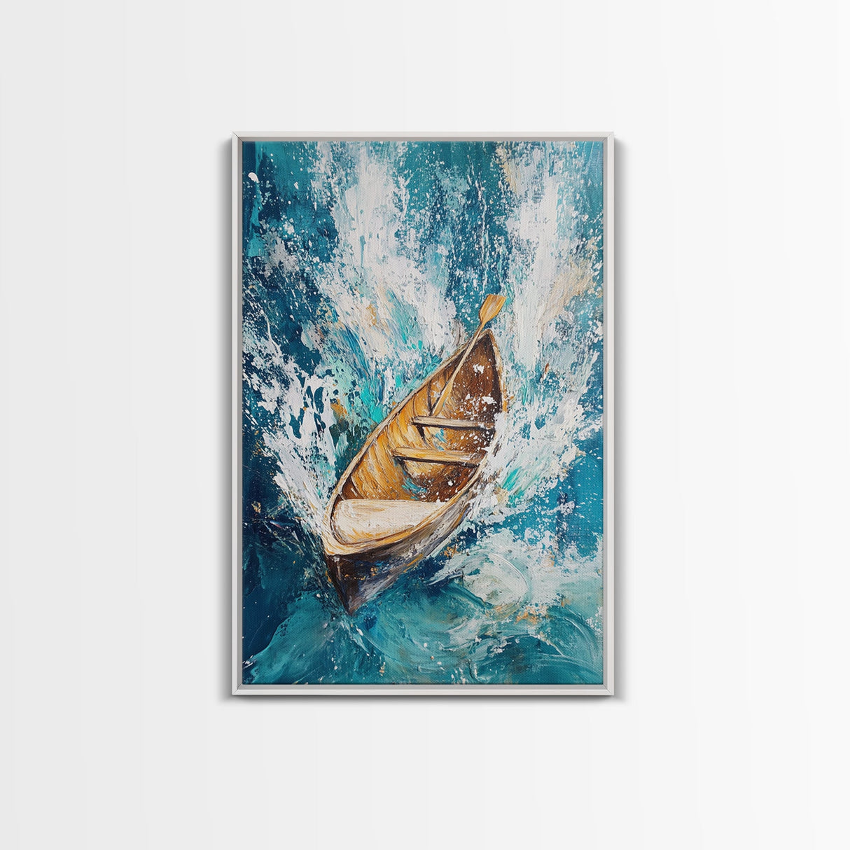 Wooden Boat in Waves, nautical painting, coastal decor, ocean waves art, seascape painting, framed canvas print, living room art, rustic art