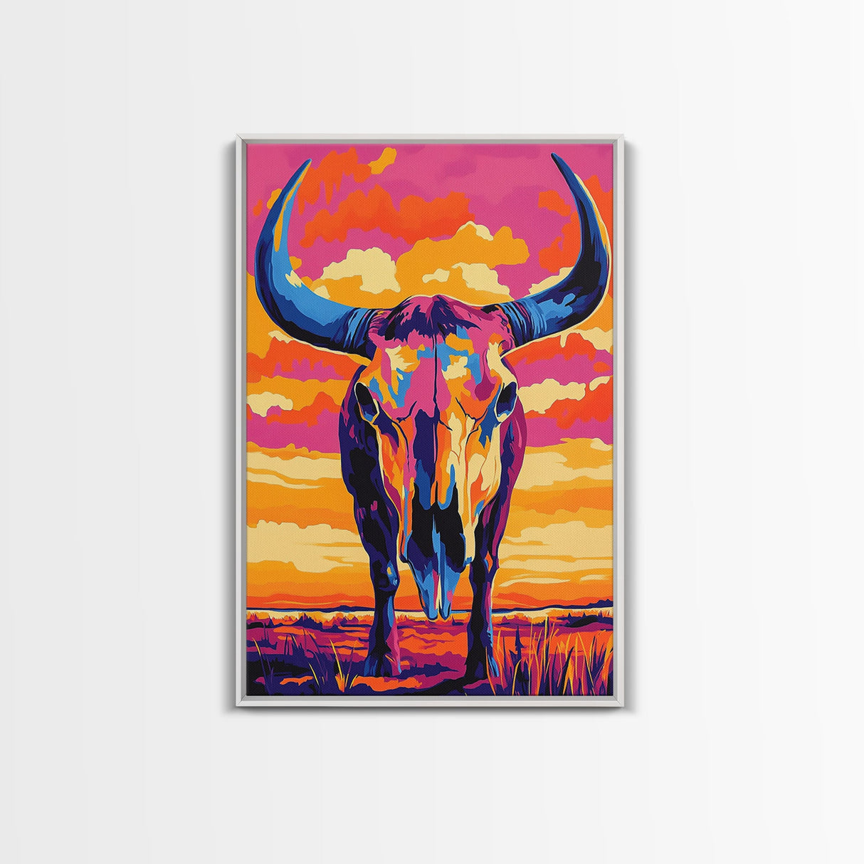 Bull Skull Art, Teal Wall Art, Rustic Wall Art, Framed Canvas Print, Moody Art, Boho Aesthetic, Extra Wide Art, Southwest Decor, Gift Idea