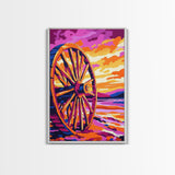 Sunset Wagon Wheel, Bold Color Painting, Southwest Wall Art, Framed Canvas Print, Rustic Decor, Western Aesthetic, Extra Wide Art, Gift Idea