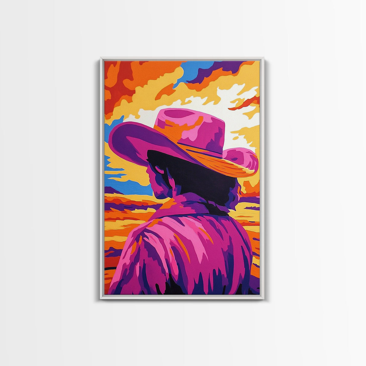 Vibrant Cowboy Painting, Chicano Art, Western Sunset Art, Pink Orange Wall Art, Afrocentric Wall Art, Canvas Print, Southwest Decor, Rustic Wall Art