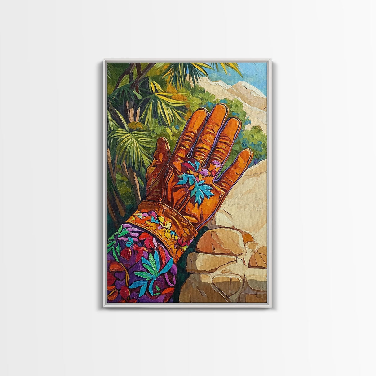 Embroidered Glove, southwest wall art, vintage folk art, botanical prints, rustic art, moody art, unique gift idea, Framed Canvas Print