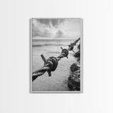 Barbed Wire, ocean view, rustic decor, coastal cowgirl wall art, wabi sabi art, moody photography, framed canvas print, minimalist art
