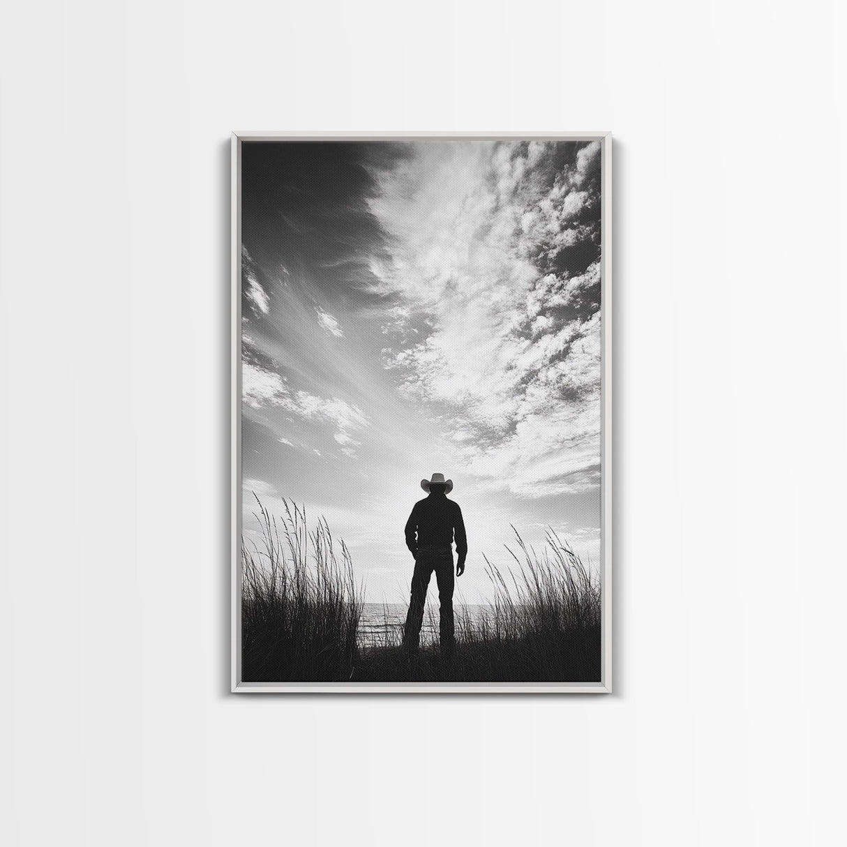 Lone Cowboy, coastal cowgirl wall art, moody art, western art, rustic decor, wabi sabi art, framed canvas print, extra wide art