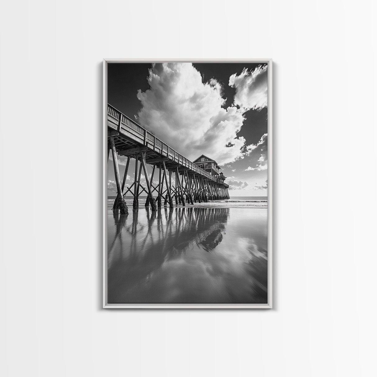 Pier reflection, seascape painting, nautical decor, rustic wall art, black and white photography, extra wide art, framed canvas print