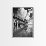 Pier reflection, seascape painting, nautical decor, rustic wall art, black and white photography, extra wide art, framed canvas print