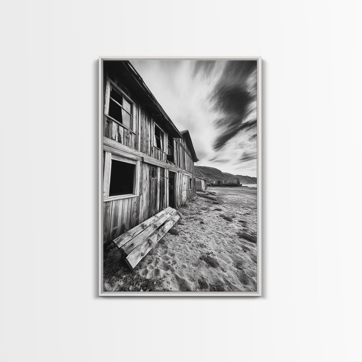 Rustic barn, farmhouse art, abandoned building, vintage Christmas, moody art, black and white wall art, wabi sabi wall art, framed canvas print