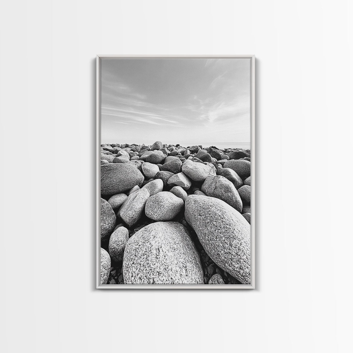 Stone beach, coastal landscape art, black and white art, wabi sabi wall art, minimalist art, nature photography, framed canvas print
