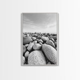 Stone beach, coastal landscape art, black and white art, wabi sabi wall art, minimalist art, nature photography, framed canvas print