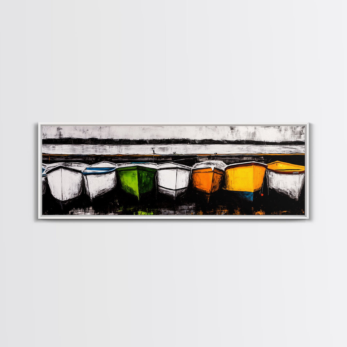 Boats at Dock, nautical painting, coastal wall art, rustic art, extra wide art, panoramic painting, above sofa art, Canvas Print