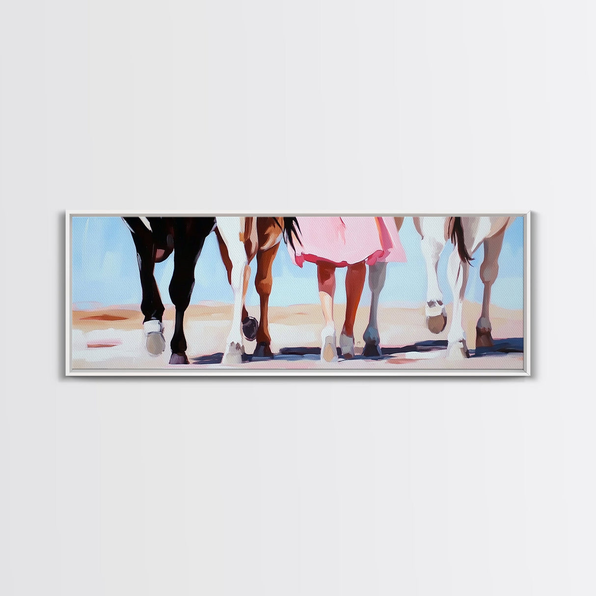 Horse Walk, western art, cowboy painting, rustic decor, extra wide art, panoramic art, framed canvas print, long narrow wall art