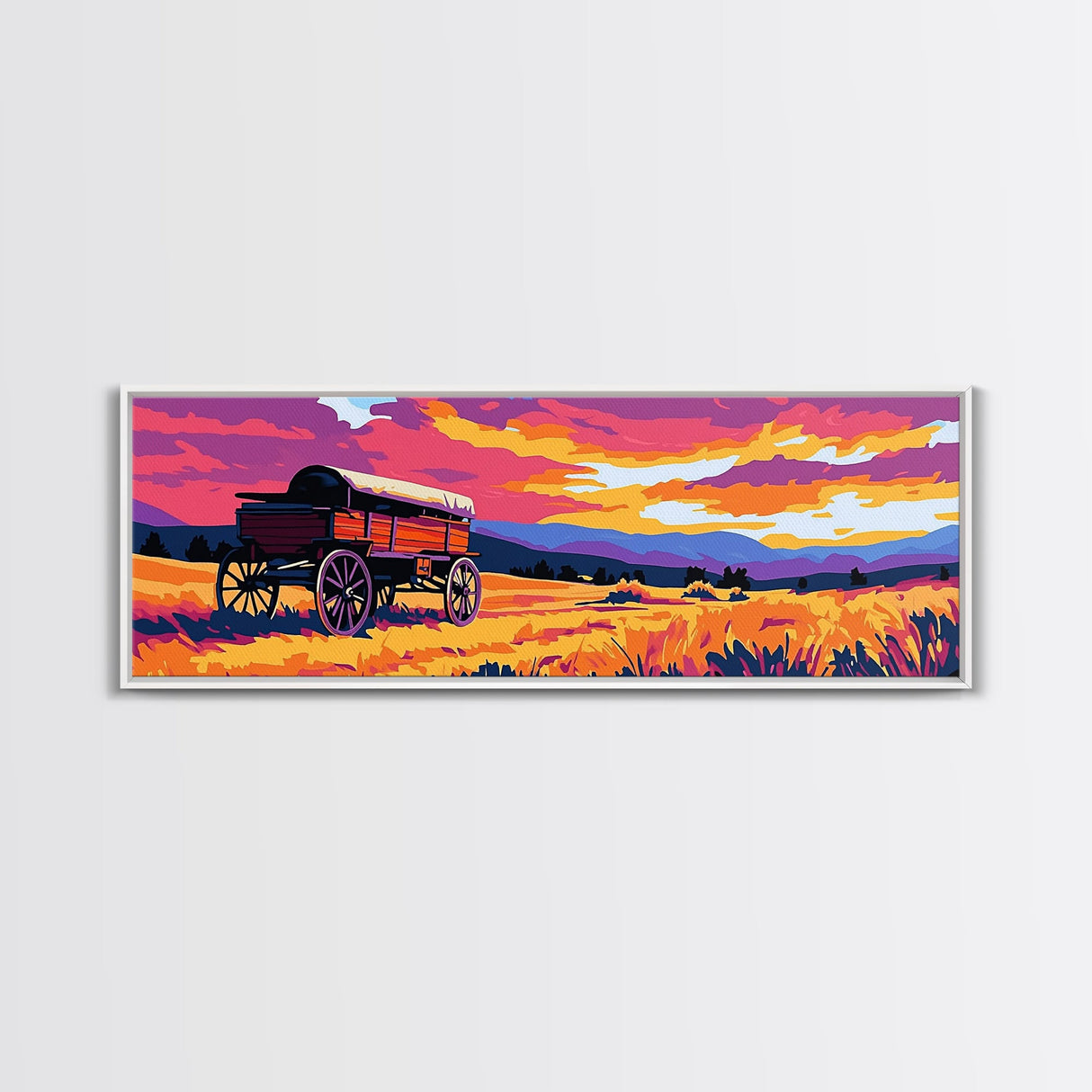 Prairie Wagon, rustic wall art, farmhouse art, cowboy painting, western decor, tall narrow art, panoramic painting, framed canvas print
