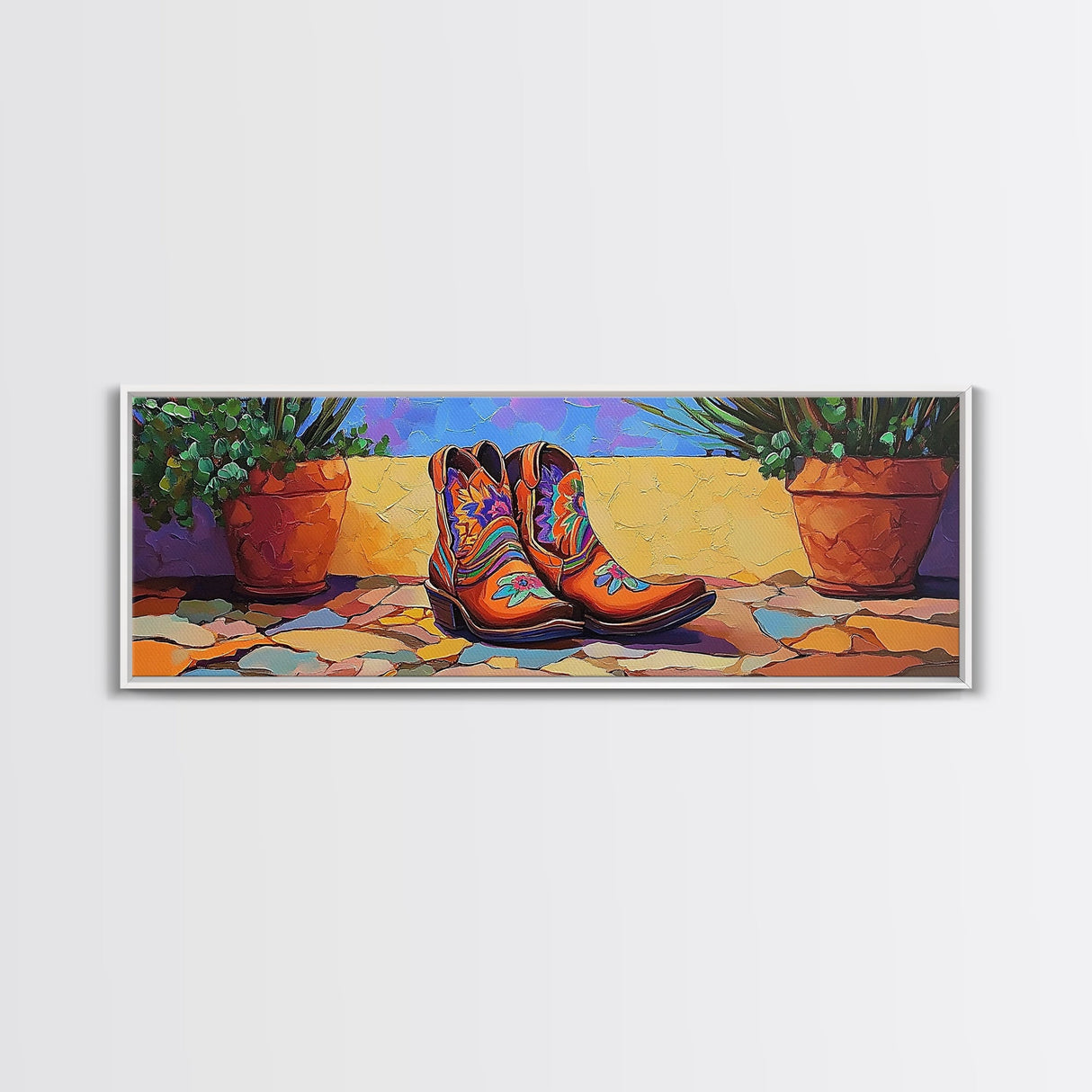 Floral Cowboy Boots, boho art, chicano art, whimsical art, southwest wall art, western decor, pink orange wall art, Framed Canvas Print