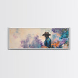 Lone Cowboy Painting, Panoramic Art, Rustic Decor, Framed Canvas Print, Blue and Green Wall Art, Moody Art, Southwest Wall Art