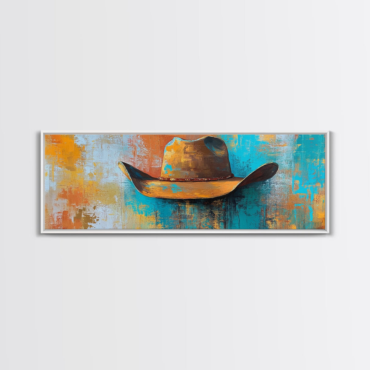 Western Hat Painting, Abstract Cowboy Art, Framed Canvas Print, Extra Wide Art, Rustic Decor, Blue and Green Wall Art, Wabi Sabi Art
